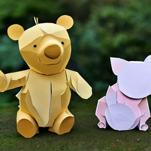 Prompt: cut paper sculpture of pooh and piglet