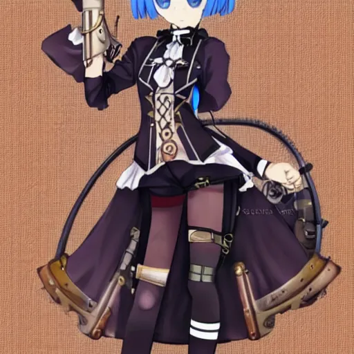 Image similar to rem from rezero with steampunk weapons and uniform, finely detailed, made by artgem, full body portrait, illustration, anime