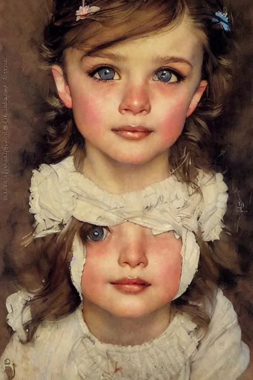 Prompt: a little girl with wavy light brown hair and blue eyes. beautiful painting by norman rockwell and raymond swanland, beautiful detailed face.