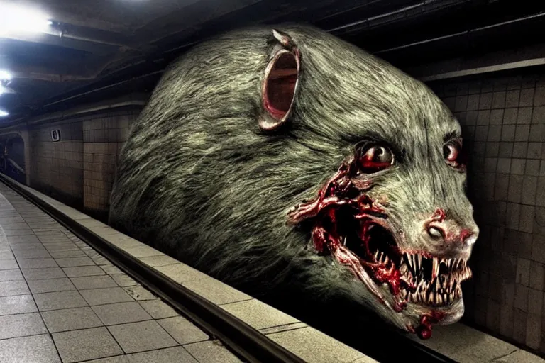 Image similar to very large giant mutant zombie irradiated ( angry rat ) staying on railways in tonnel of moscow subway. subway. giant angry rat, very realistic. extreme long shot, low dark light, anish kapoor, herman nitsch, giger.