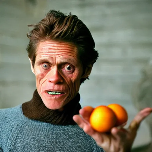 Image similar to Willem Dafoe in a sweater, with a confused face holding oranges on two outstretched hands, against the background of a retro car, focus on the foreground, realism, details,