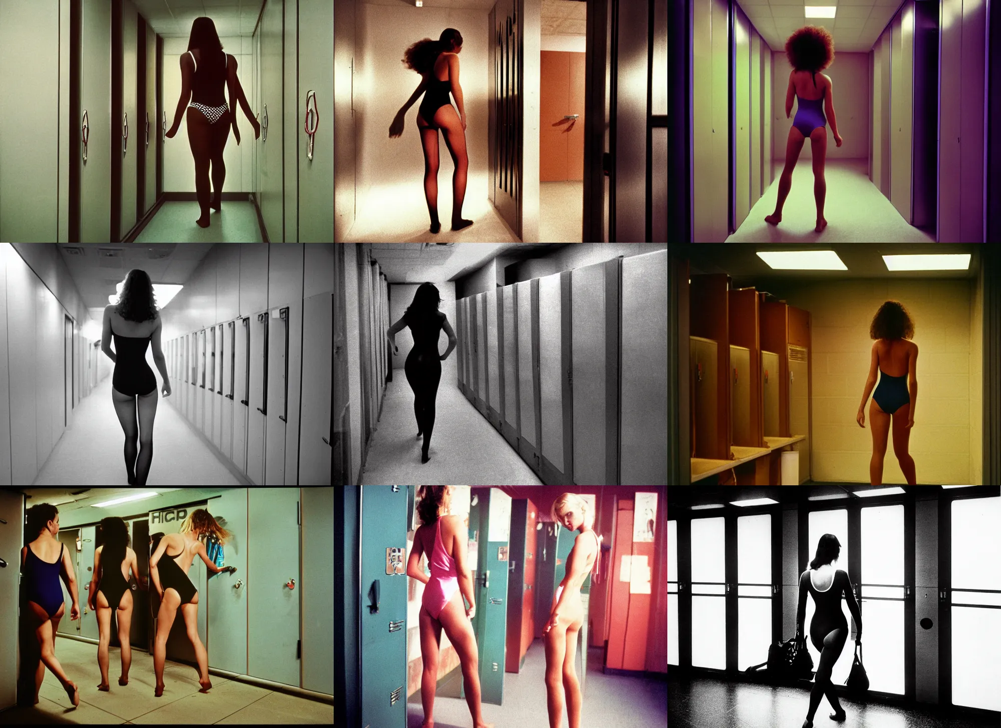 Prompt: color photograph portrait of a beautiful woman in swimsuit walking in the locker room, tights, night, summer, dramatic lighting, 1 9 9 0 photographs from life magazine.