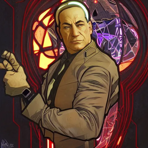 Image similar to cyberpunk portrait of benjamin netanyahu as a cyborg, by clint cearley and ashley wood and alphonse mucha