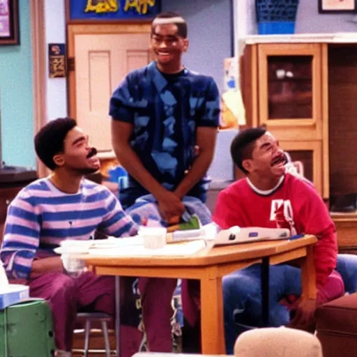 Image similar to a tv still of Chance The Rapper starring as a black college student at Jones College Prep in a 1993 sitcom