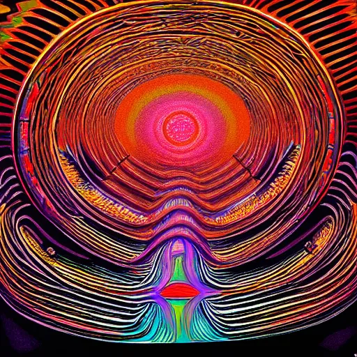 Prompt: highly detailed optical illusion of an auditorium filled with magical energy by mad dog jones and alex grey