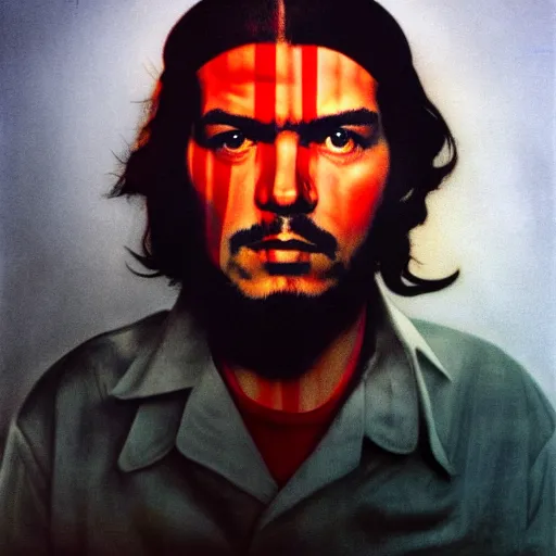 Image similar to colour masterpiece surreal closeup portrait photography of che guevara by miho hirano and annie leibovitz and michael cheval, red and white smoke background, 8 k