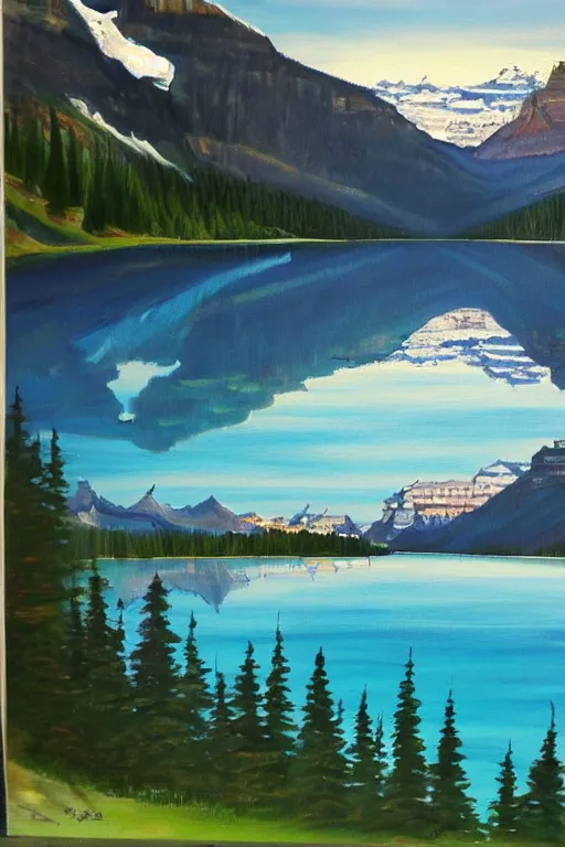 Image similar to bob ross painting of lake louise