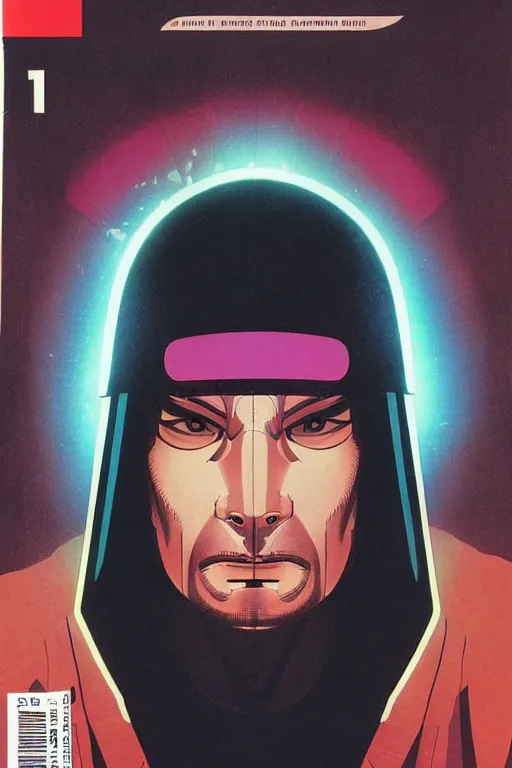 Prompt: 1 9 7 9 omni magazine cover of neo in a samurai hat. piercing gaze. simple stylized cyberpunk photo by josan gonzalez.