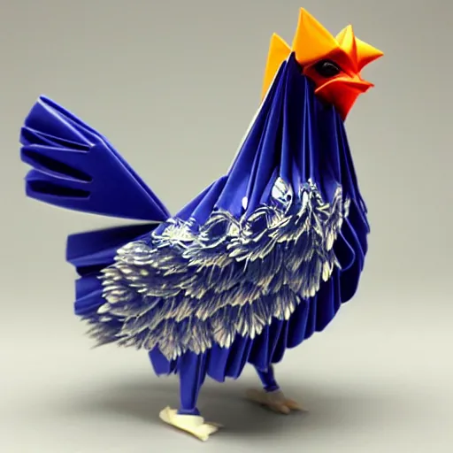 Prompt: beautiful, glorious porcelain origami chicken emperor, blue and silver colors, 3 d rtx hd