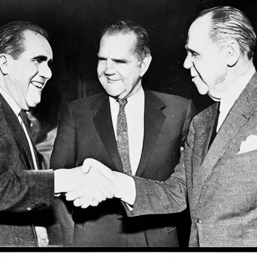 Image similar to Aliens shaking hands with Nixon, 1920s picture