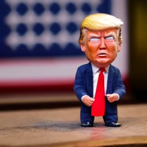 Image similar to miniature claymation figure of donald trump, still, depth of field