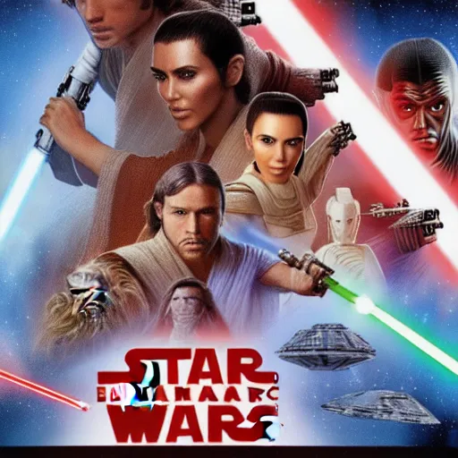 Image similar to super detailed star wars movie poster with Jesus Christ and kim kardashian, 8k full HD photo, cinematic lighting, anatomically correct, oscar award winning, action filled, correct eye placement,