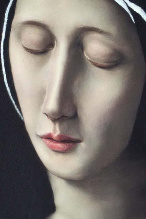 Prompt: hyperrealism extreme close-up portrait of ten young beautiful nun sleeping, wearing hyper detailed black clothes, dark background, in style of classicism