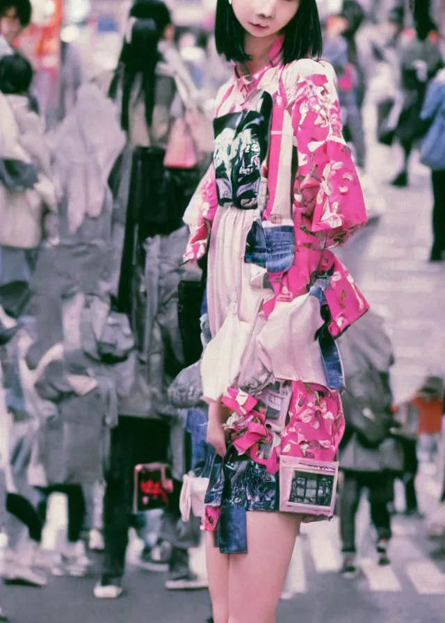 Prompt: a street fashion photograph of a cute japanese woman in 9 0 s fashion, in tokyo akihabara, shot on cinestill 5 0 d with a 3 5 mm at f / 2. 8 lens, highly detailed, fashion magazine print quality, photorealism, nineties nostalgia, 8 k