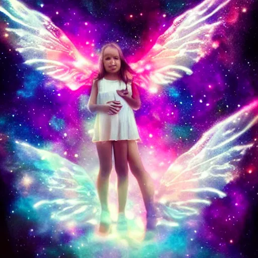 Image similar to girl cover in cosmic shadows with giant wings of glowing nebulas, realistic photograph, polaroid pic by horror