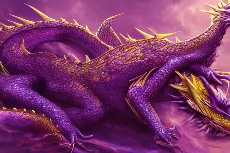 Image similar to a purple and gold dragon laying on its back, relaxing dragon, detailed digital art, artstation