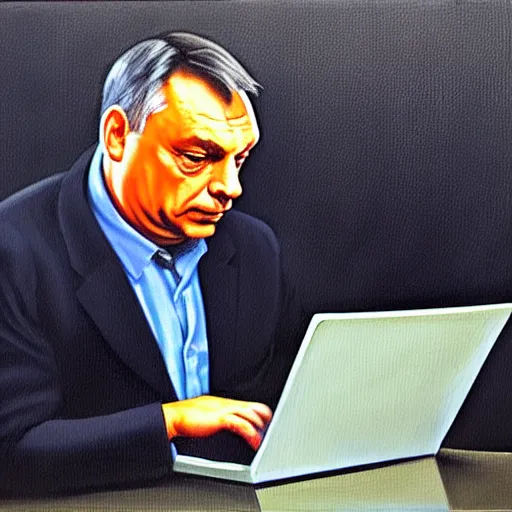 Image similar to viktor orban programming with a laptop in a cubicle, oil painting