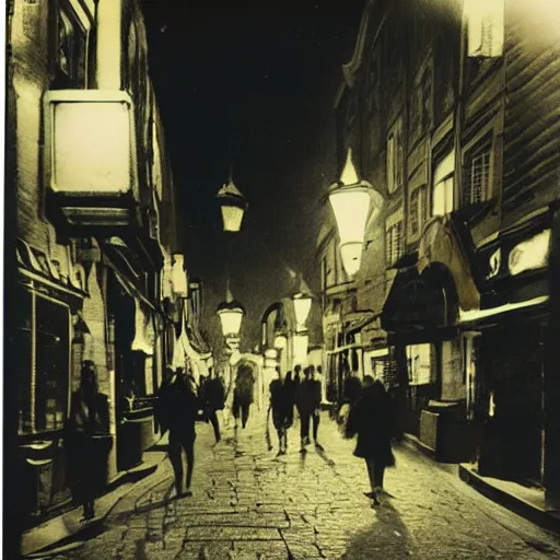 Image similar to a street level Polaroid of a steampunk city street, with people walking on the streets, at night