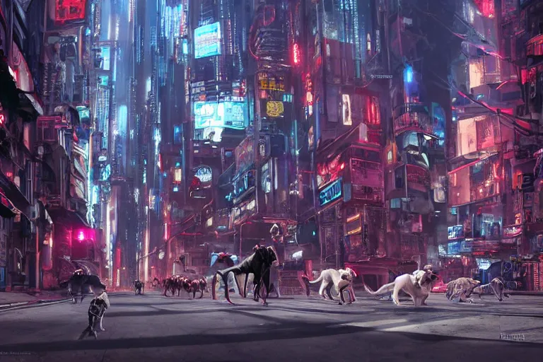 Prompt: Anthropomorphic dogs in cybernetic suits chasing robots with red eyes in a cyberpunk city. Concept art by James Gurney and Mœbius, 4K