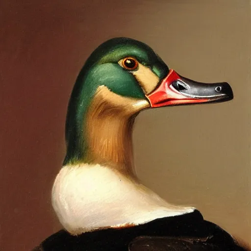 Prompt: classic and refined mallard, oil painting, rembrandt