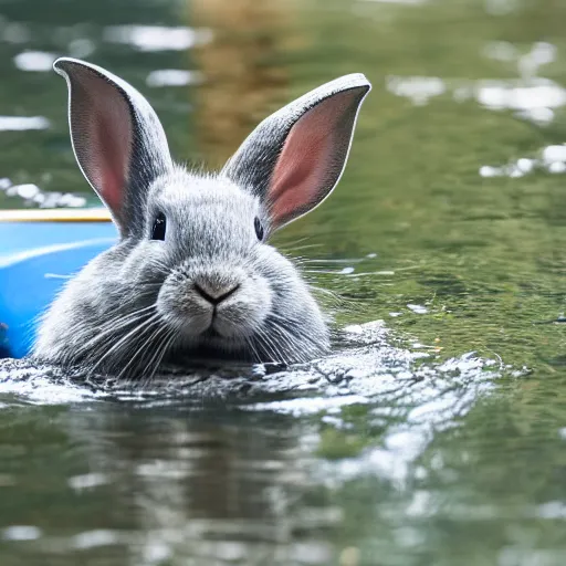 Image similar to a grey rabbit paddling a blue kayak on a small calm stream, 4k photorealistic