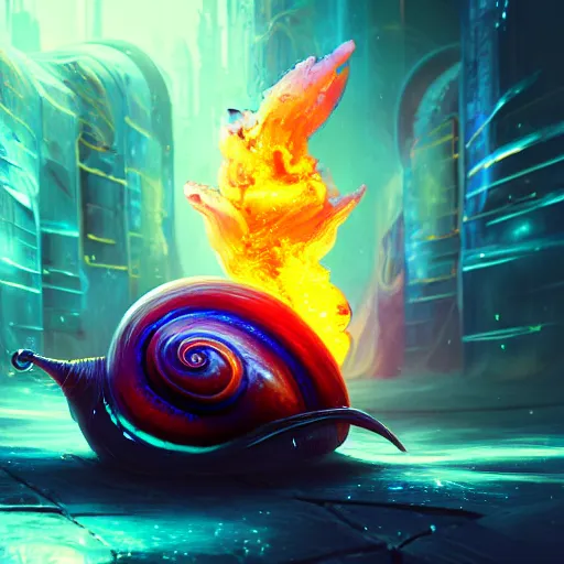 Image similar to beautiful colorful snail, magic of fire and magic of ice. occult cyberpunk, ancient futuristic, dark art, occult. by Petros Afshar, by artgerm, by Eddie Mendoza, by Peter mohrbacher, octane render, 3d, unreal engine, depth of field, bokeh, motion blur, blur