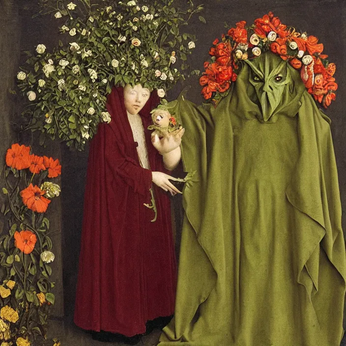 Prompt: a woman wearing a hooded cloak made of flowers holding a green-horned goblin monster, by Jan van Eyck