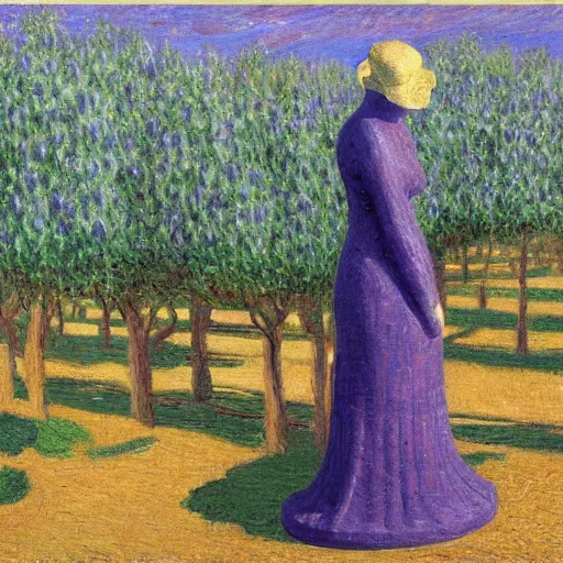 Prompt: deep purple artificial, cosy by fra angelico, by claude monet. a beautiful sculpture depicting a farm scene. the sculpture shows a view of an orchard with trees in bloom.