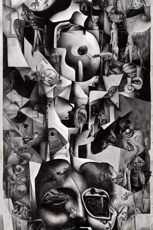 Image similar to dada nihilist discordian surreal collage made of cut up art by mc escher, walt disney, hr giger and beksinski. 8 k resolution. william s burroughs