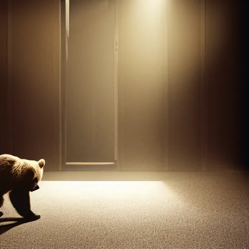 Image similar to dark photograph of a small bear mascot with a spotlight focused on him walking through a large wooden doorway