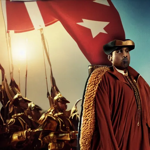 Image similar to kanye wst as muammar kadhafi as emperor napoleon in fallout, splash art, movie still, detailed face, cinematic lighting, dramatic, octane render, long lens, shallow depth of field, bokeh, anamorphic lens flare, 8 k, hyper detailed, 3 5 mm film grain