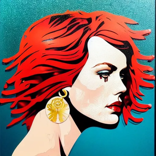 Image similar to portrait of red head woman :: side profile :: in ocean :: guns and bullets :: metallic details :: gold and petals pattern :: blood and horror :: by marvel and Sandra Chevrier