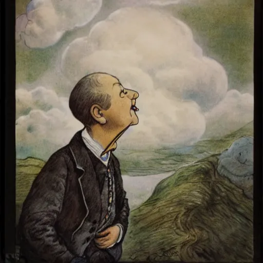 Prompt: candid portrait of white ball human face hybrid in the sky with face smiling eyes closed, mouth open, surrounded by clouds, illustrated by peggy fortnum and beatrix potter and sir john tenniel