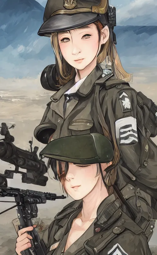 Prompt: portrait of a female soldier, highly detailed, high resolution, military camp in the background, the front of a modern trading card, illustration, character concept art, stunning, girls frontline style, matte, 100mm, by japanese artist shibafu, realistic human anatomy, realistic military carrier, modern warfare, realistic gun design, digitally draw on wacom tablet, low saturation, small eyes, hard surfaces