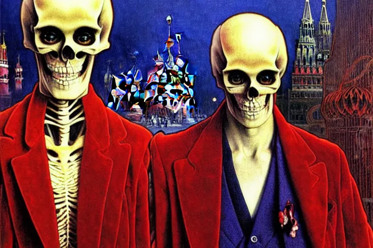 Image similar to realistic detailed closeup portrait painting of a single skeleton wearing red velvet blazer in a crowded futuristic moscow street by Jean Delville, Amano, Yves Tanguy, Alphonse Mucha, Ernst Haeckel, Edward Robert Hughes, Roger Dean, rich moody colours, blue eyes