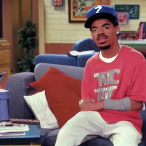 Image similar to a tv still of Chance The Rapper starring as a black college student at Jones College Prep in a 1993 sitcom