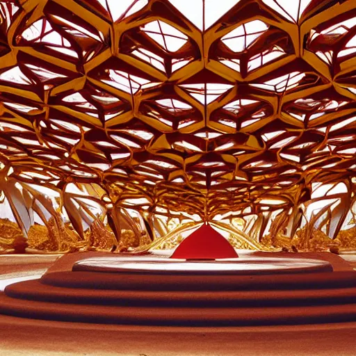 Prompt: futuristic lotus fractal temple with gold, red and white marble panels, in the desert, by buckminster fuller and syd mead, intricate contemporary architecture, photo journalism, photography, cinematic, national geographic photoshoot