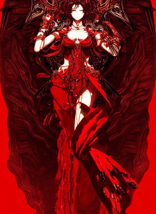 Prompt: half body portrait of blood deity angel, beautiful woman in an ornate red dress, blood magic, goddess of blood. in style of yoji shinkawa and hyung - tae kim, trending on artstation, dark fantasy, great composition, concept art, highly detailed, dynamic pose, vibrant colours.