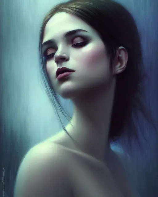 Prompt: stylized portrait of an artistic pose, composition, dark mysterious young lady, cinematic moody colors, ivy, flowers, one single head, realistic shaded, fine details, realistic shaded lighting poster by ilya kuvshinov, magali villeneuve, artgerm, jeremy lipkin and michael garmash and rob rey