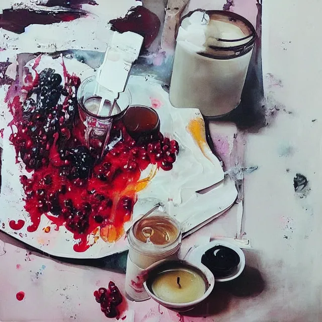 Image similar to “ sensual, neo - expressionism, surrealism, a portrait in a female art student ’ s apartment, pancakes, iced latte, berries, art supplies, a candle dripping white wax, berry juice drips, acrylic and spray paint and oilstick on canvas ”