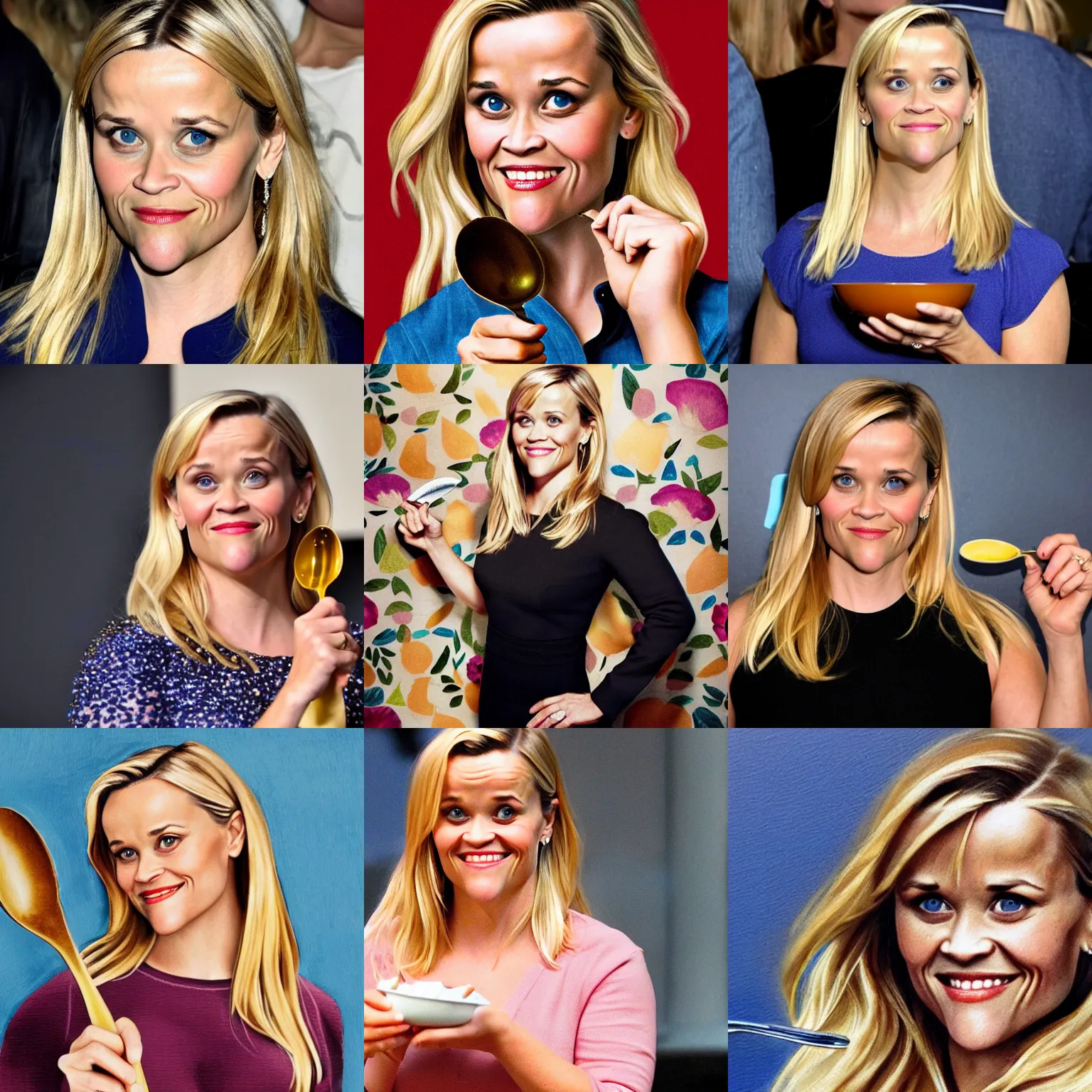 Prompt: reese witherspoon holding a spoon in her hand, reese witherspoon, hyper realistic, medium shot