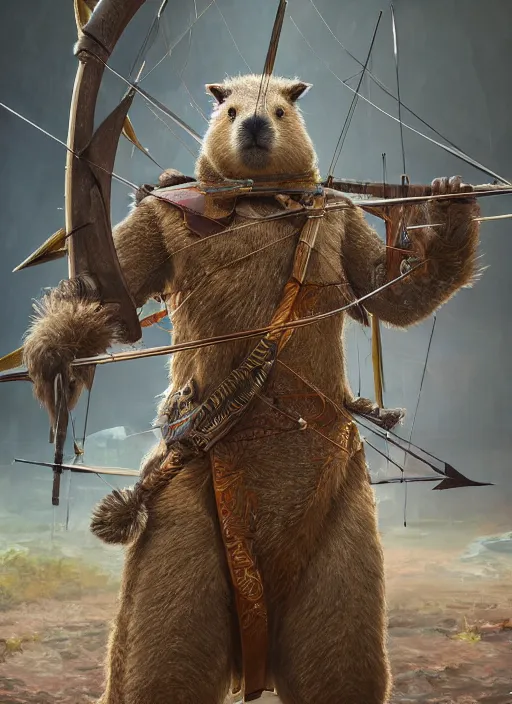 Image similar to detailed full body concept art illustration soft focus oil painting on canvas of an anthropomorphic capybara archer in full intricate clothing, biomutant, dystopian, micro detail, octane render, 4K