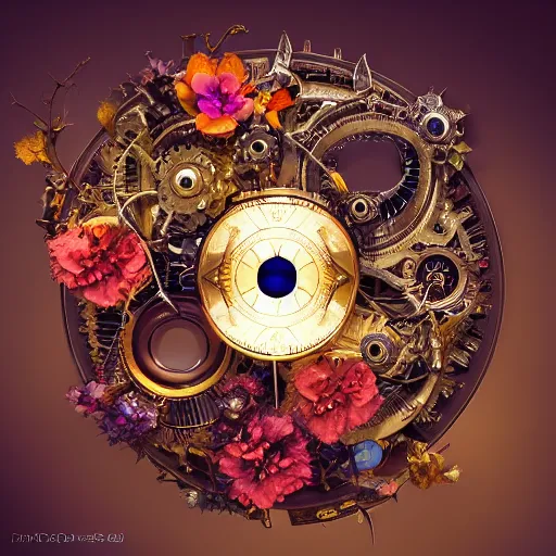 Image similar to a beautiful intricate fine art portrait photo of a mechanical industrial steampunk cybernetic yin yang symbol, overgrown with colorful flowers and leaves by tom bagshaw and sean archer, golden ratio composition, studio lighting, 50mm lens, very detailed, bionic, cybernetic scifi, deep depth of field, artstation, 8K, highly coherent