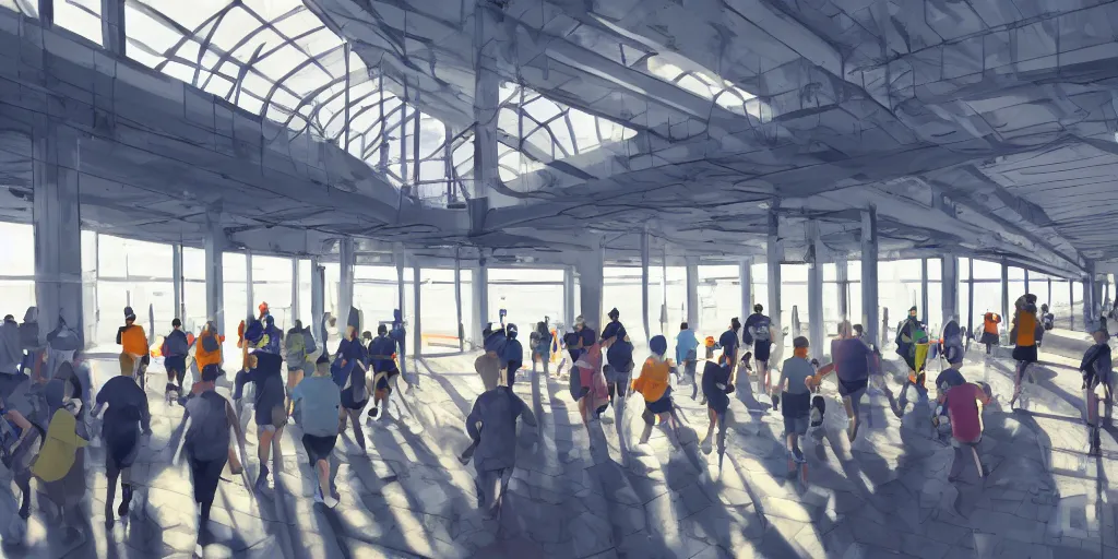 Image similar to Detailed Interior of Staten Island Ferry, Marathon Runners, Dawn Atmosphere, Light Shafts, Concept Art