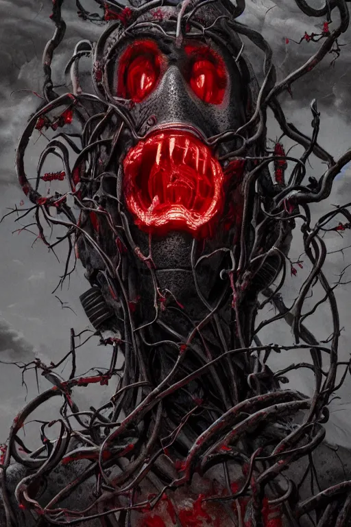 Image similar to realistic portrait beautiful detailed matte painting of cinematic movie scene a full body zombie with a gas mask, tentacles, black and red, thorns, vines, horror, created by gustave dore and greg rutkowski, high detailed, smooth draw, synthwave neon retro, intricate, realistic proportions, dramatic lighting, trending on artstation.