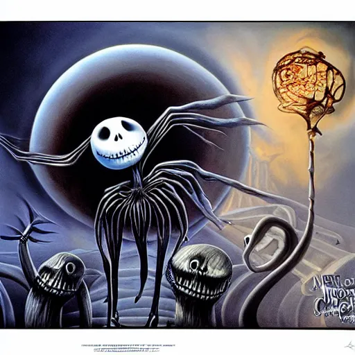 Image similar to the nightmare before christmas detailed airbrush photorealistic by h. r. giger