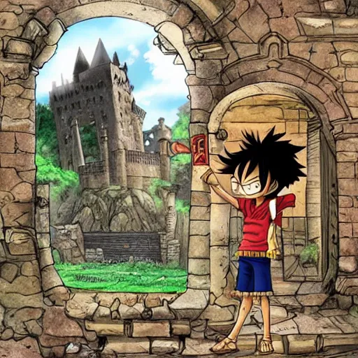 Image similar to luffy in the harry potter universe far away at some ruins from a castle. a wizard is already there and summons a portal that would take me back home.