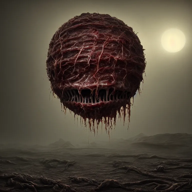 Prompt: ribbed surreal abandoned alien face on exoplanet, covered in organic flesh meat, in a desolate empty wasteland, creepy, nightmare, dream-like heavy atmosphere, surreal abandoned buildings, beautiful detailed intricate insanely detailed octane render trending on Artstation, 8K artistic photography, photorealistic, chiaroscuro, Raphael, Caravaggio, Beksinski, Giger