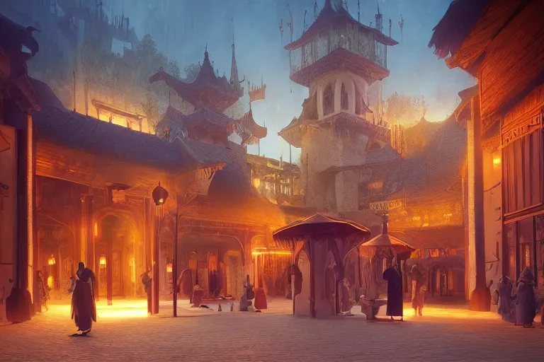 Image similar to an art deco secret meeting at the townsquare in a oriental medieval fantasy village. incredible voluminous indirect soft glow cinematic lighting, hyperdetailed features, movie still, intricate, octane render, unreal engine, crepuscular rays, god rays, by beeple and rhads and donato giancola