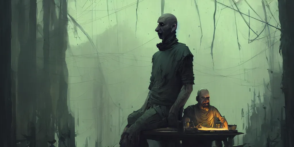 Prompt: duotone concept illustration 3 / 4 portrait almost bald face sinister merchant middle aged male glowing eyes sitting below willow foggy rustical style. short medieval tunic cinematic volumentric lighting. by cd projekt red, sachin teng and sergey kolesov and ruan jia and heng z. graffiti art, scifi, fantasy, hyper detailed. octane render. trending on artstation